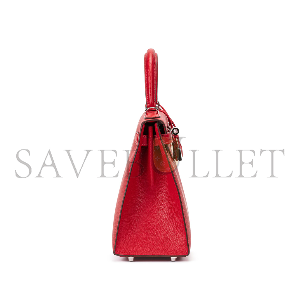 HERMÈS ROUGE CASAQUE EPSOM SELLIER KELLY 25 PALLADIUM HARDWARE (25*17*7cm) 